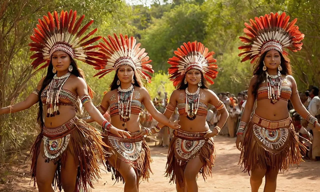 Danza tribal vibrante en paisaje cultural