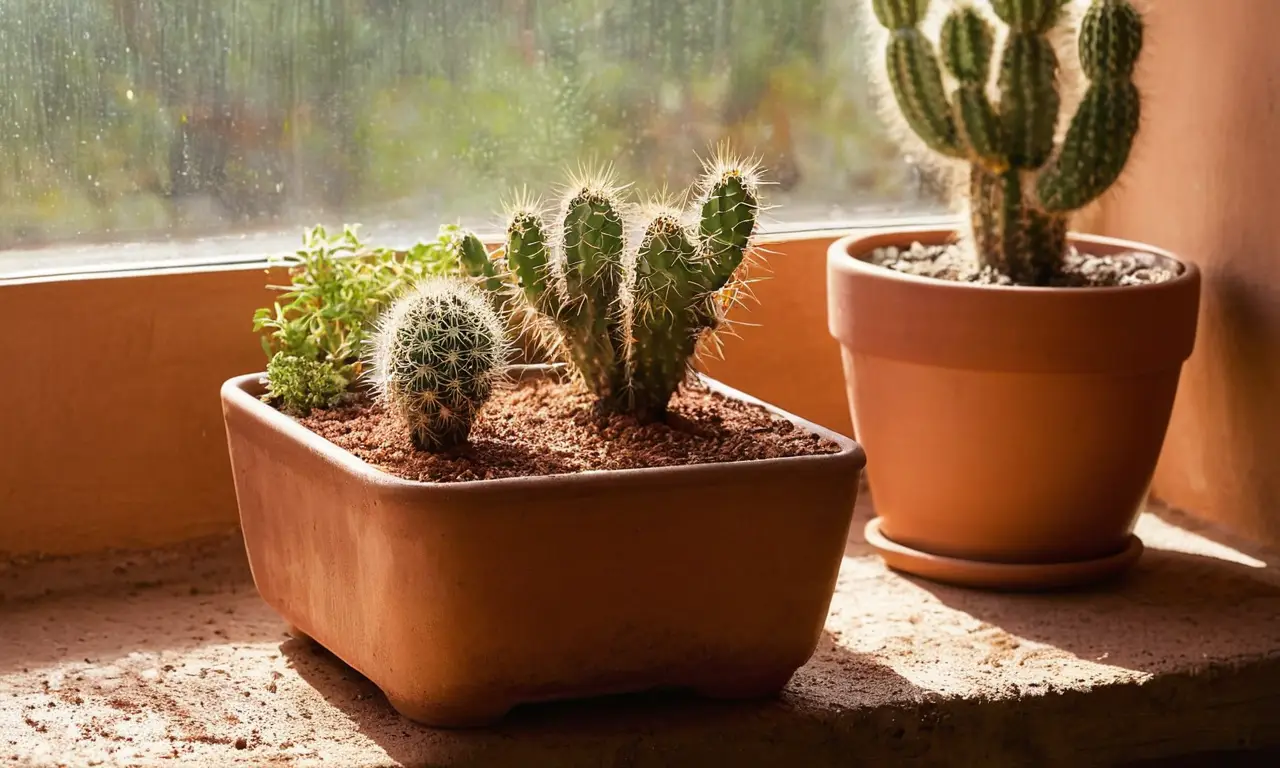 Mesa de cocina iluminada con cactus