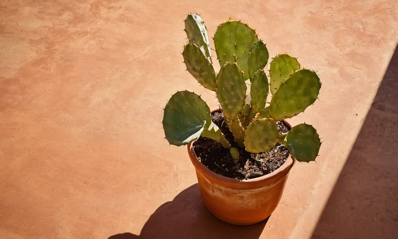 Mesa rústica con cactus y herramientas de jardín