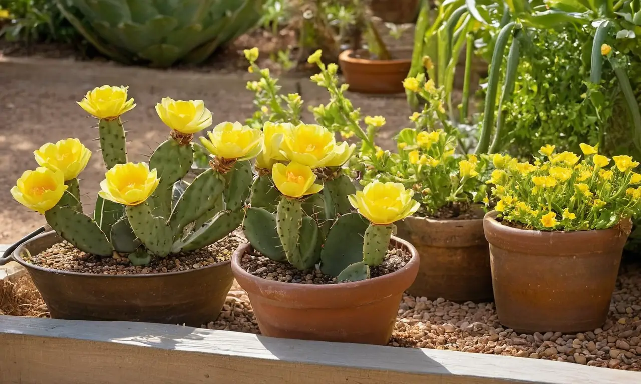 Jardín sereno con cactus y flores amarillas