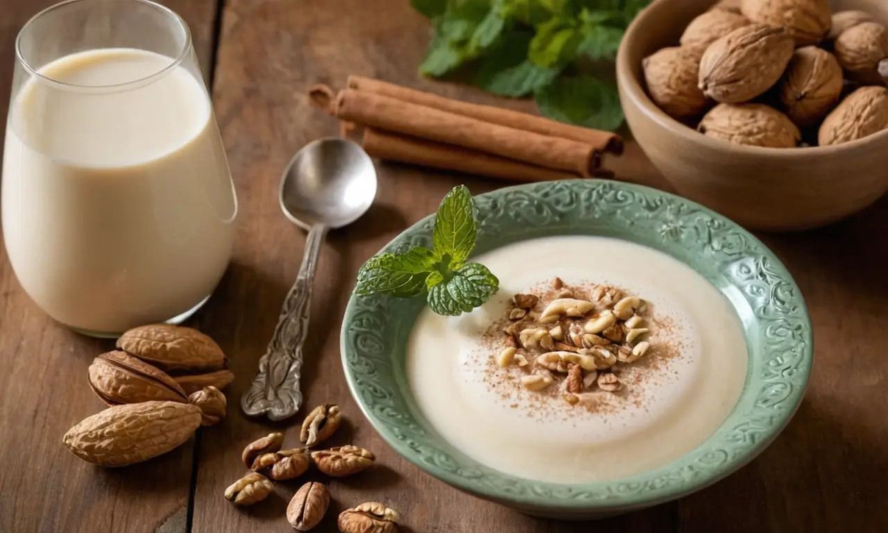 Mesa rústica con leche de nuez y nueces