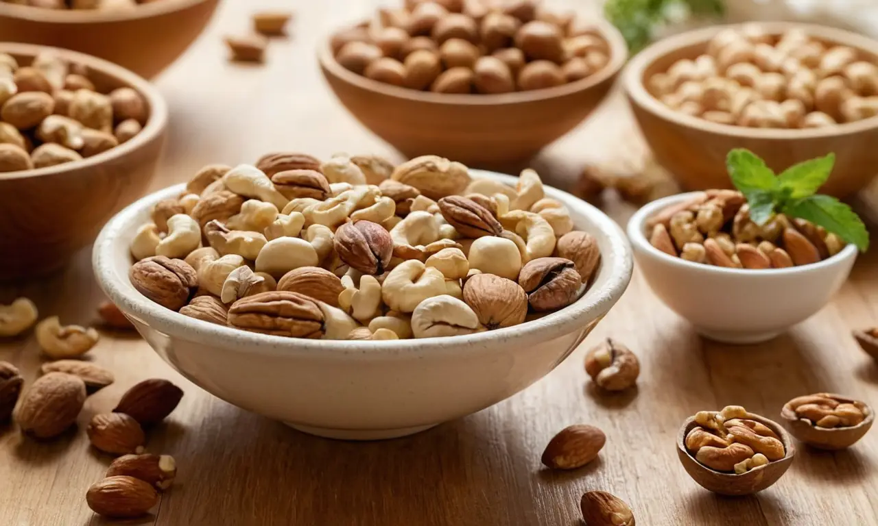 Mesa de madera con nueces y leche