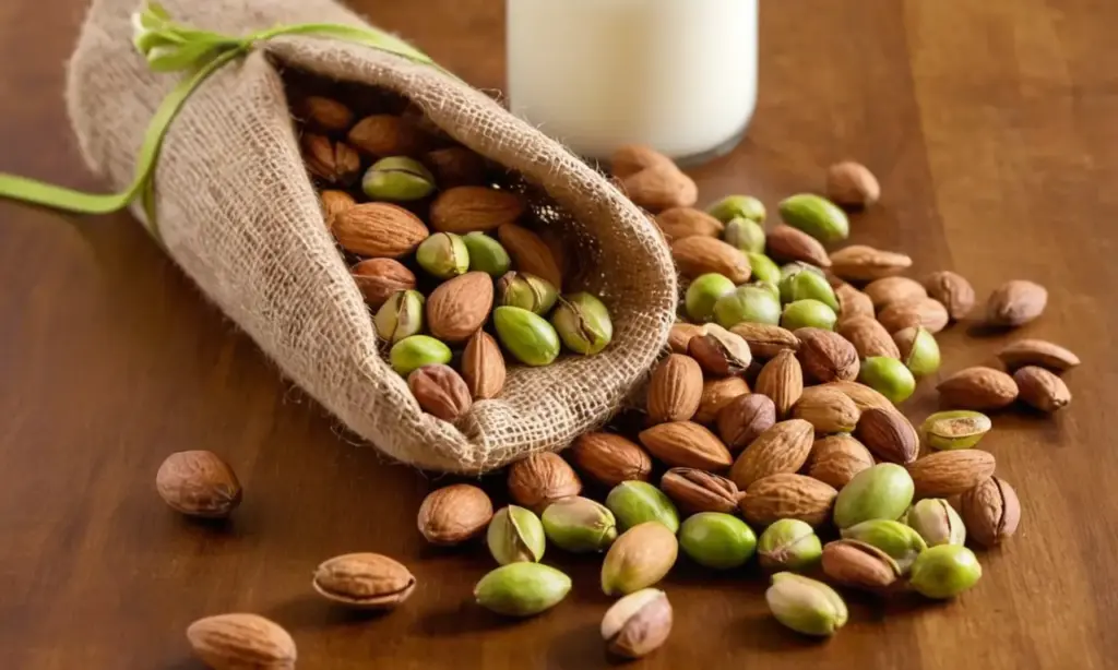 Mesa de madera con nueces brillantes