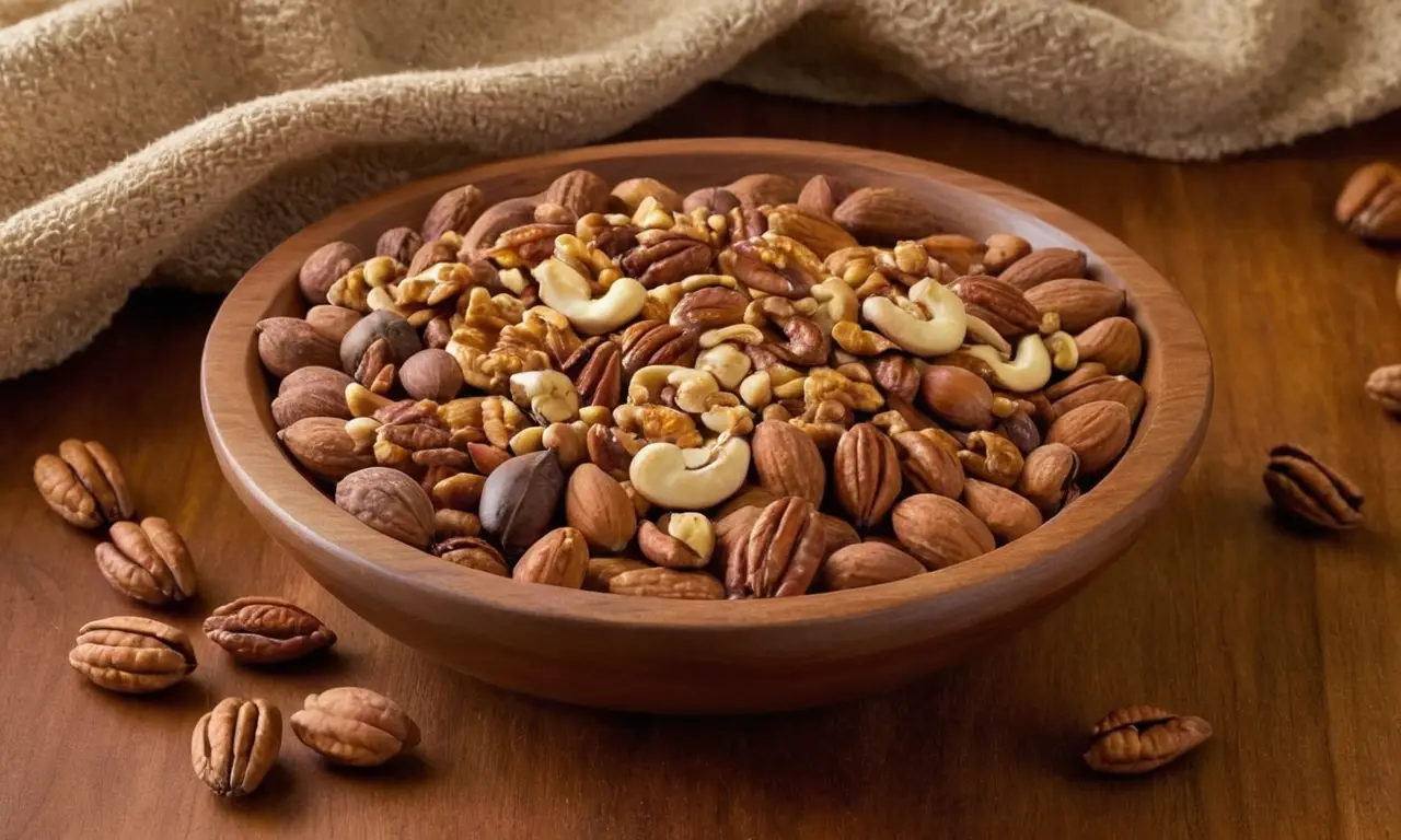 Mesa de madera con variedad de nueces