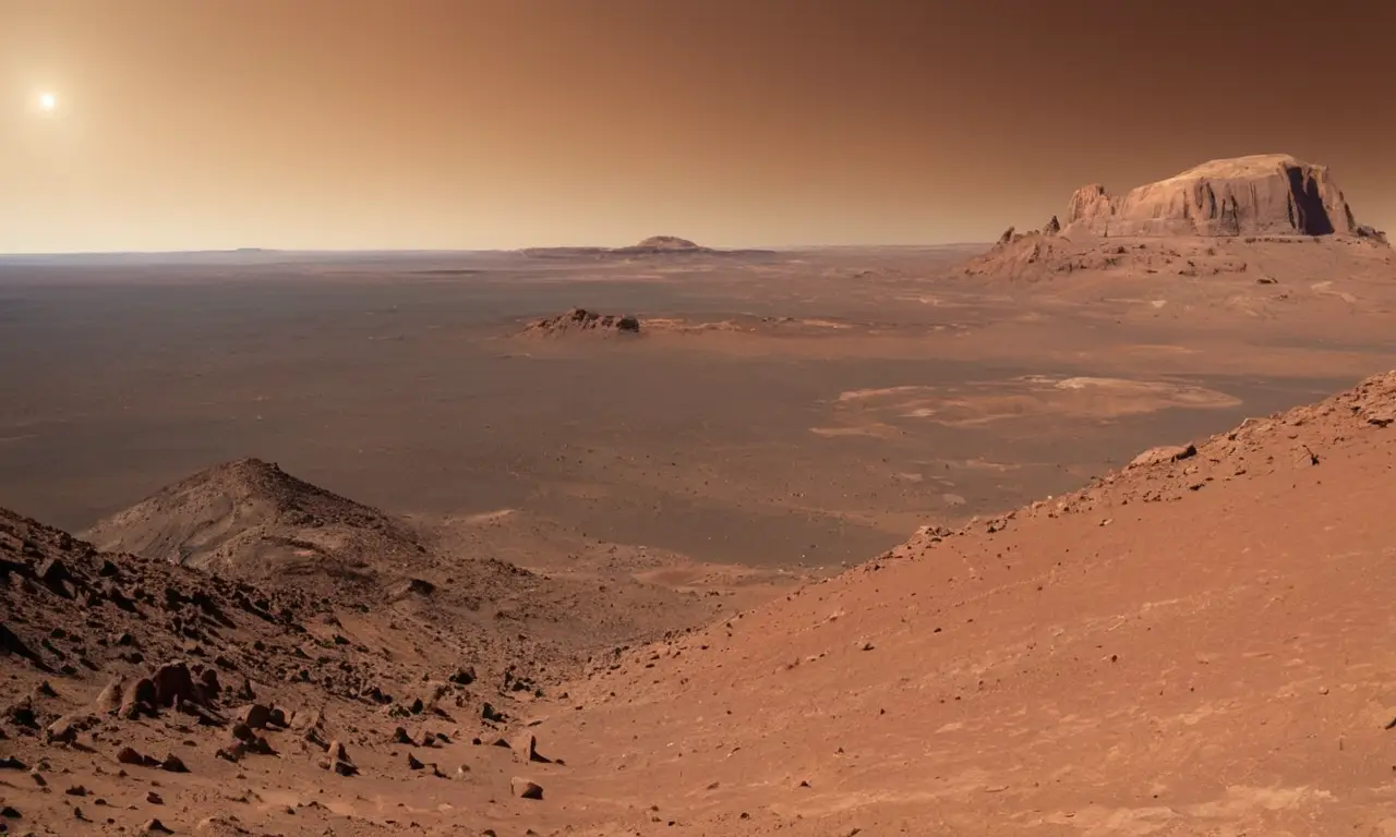 Un rover explora un vasto paisaje marciano