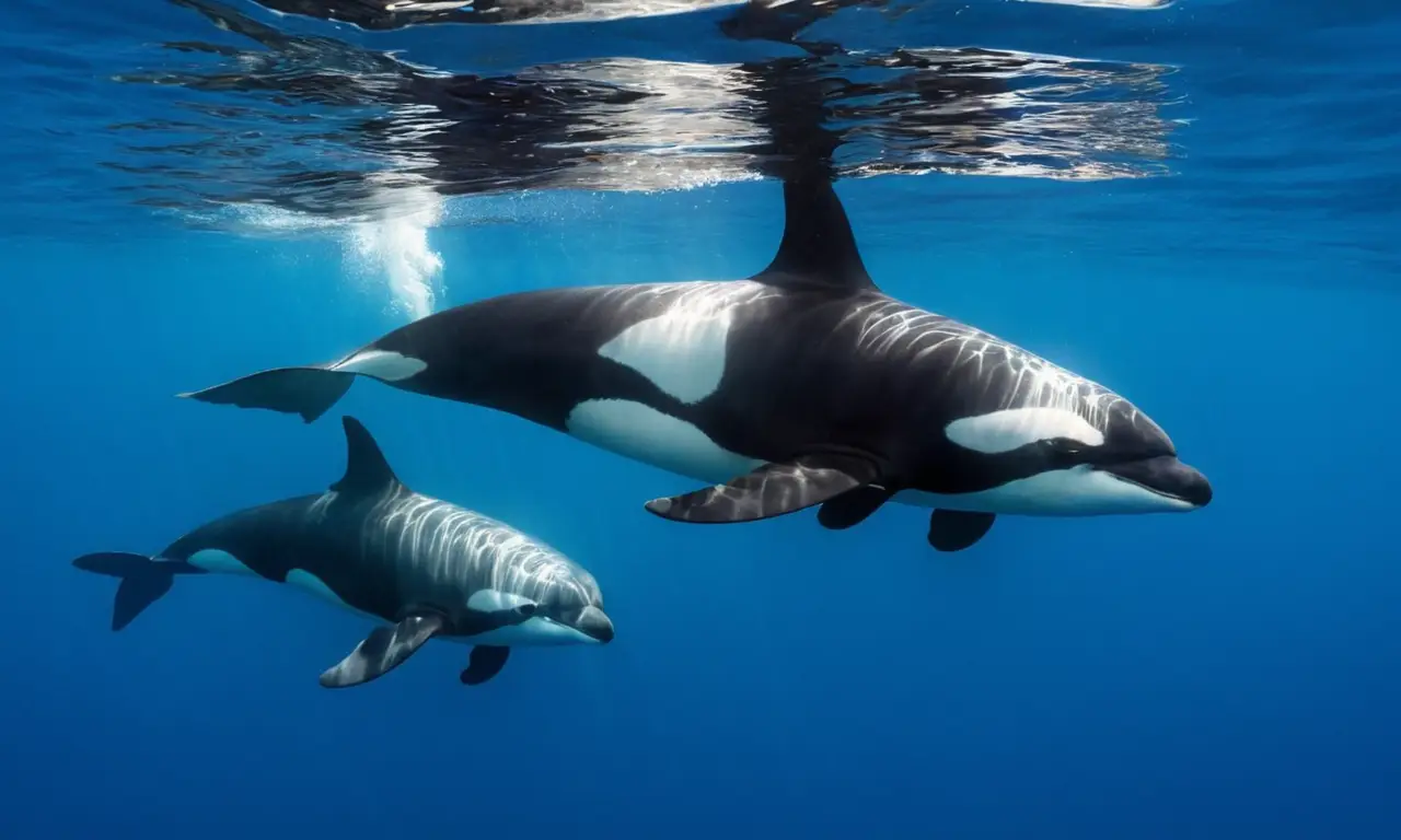 Orcas juegan en un océano turquesa