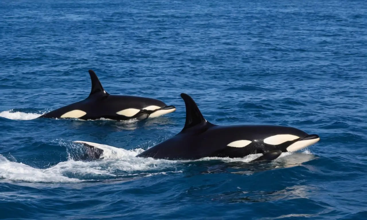 Orcas juegan en un océano azul profundo