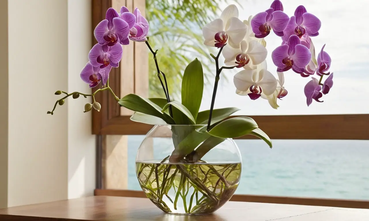 Jarrón con orquídeas y agua iluminada