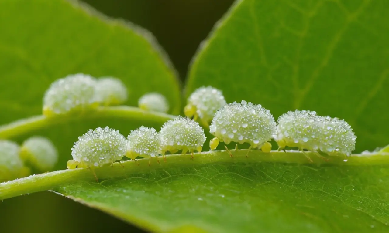 Insectos mealy en hojas verdes brillantes