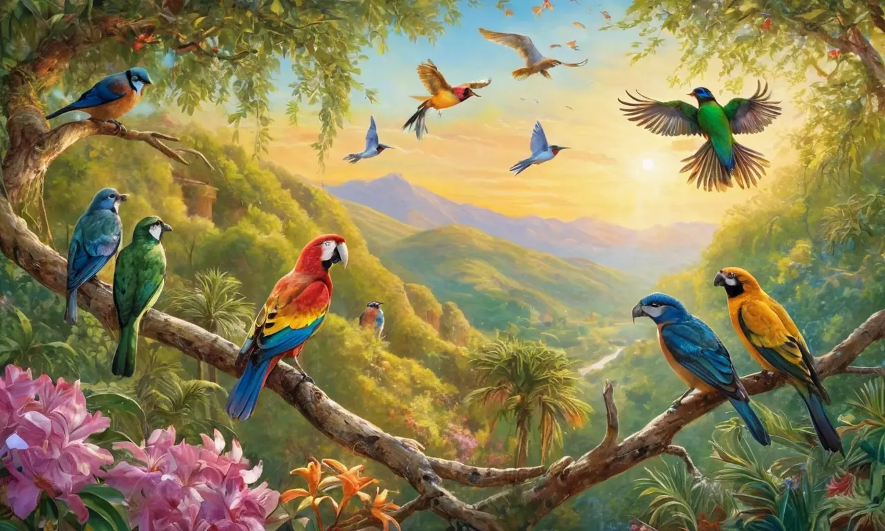 Paisaje mexicano vibrante con aves coloridas