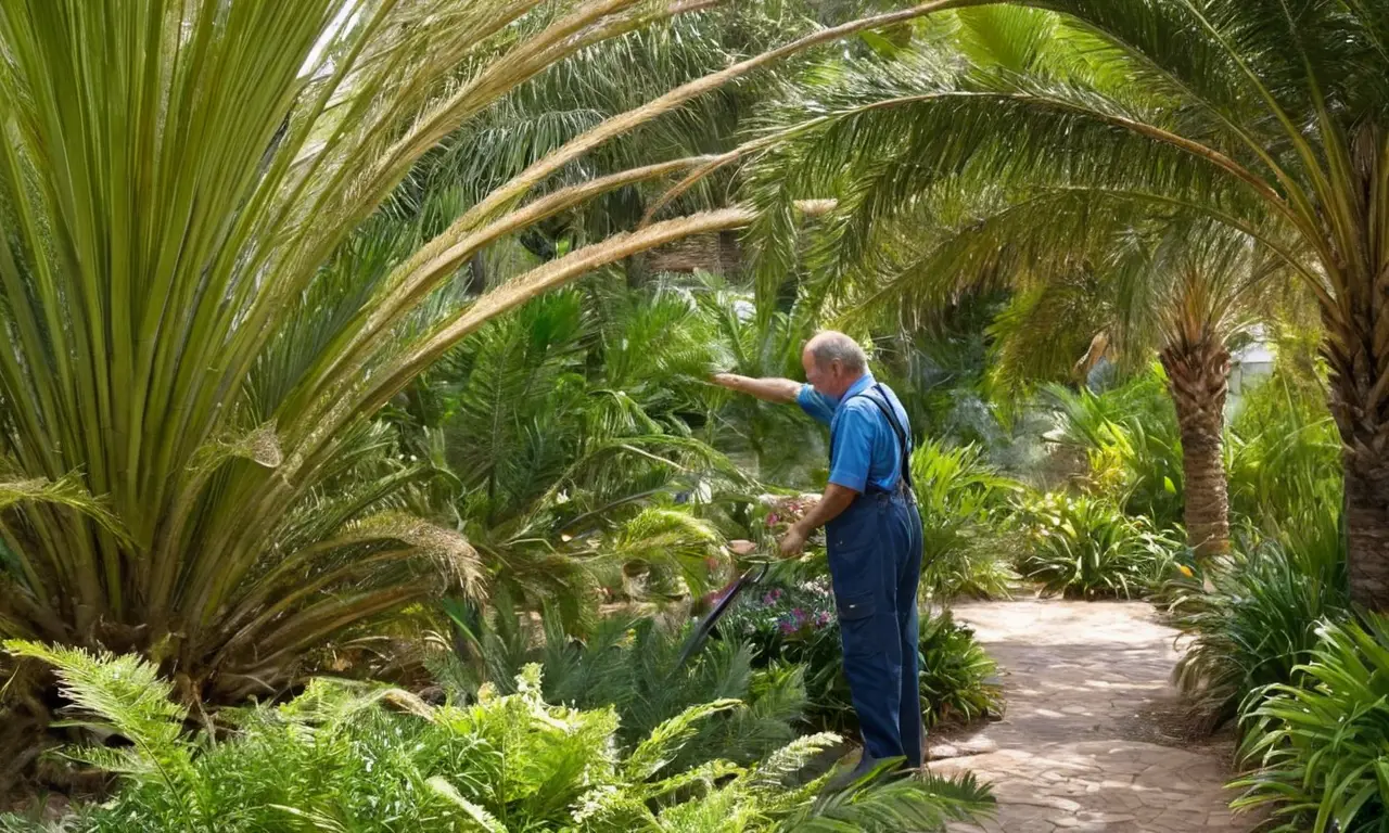 Jardín soleado, jardinero poda palmas exuberantes