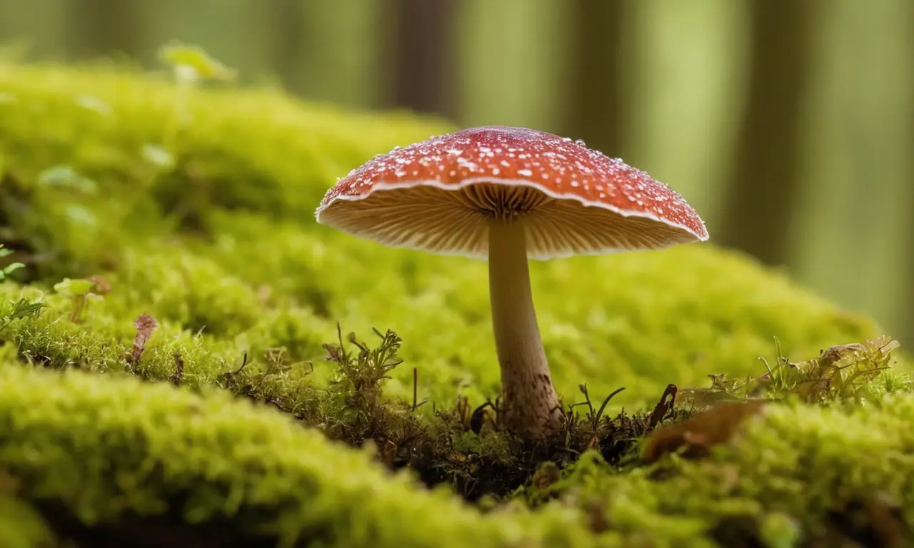 Seta roja brillante en un bosque suave
