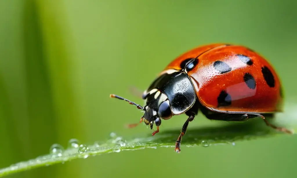Mariquita roja con manchas en fondo verde