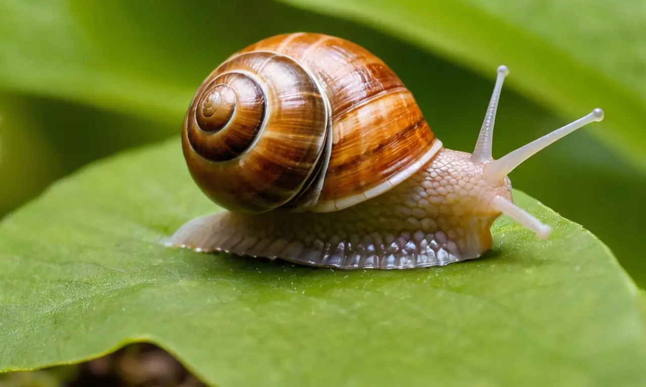 Caracol en jardín con brillante caparazón