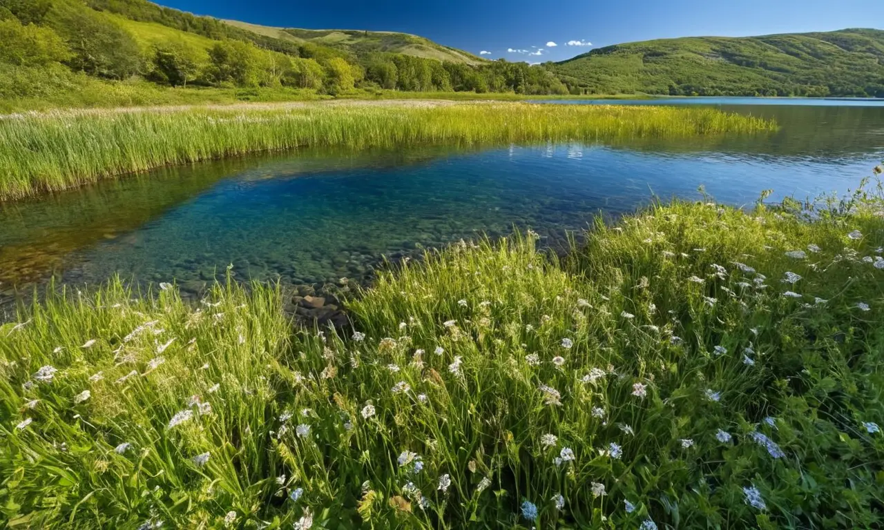 Río sereno con vegetación y vida silvestre