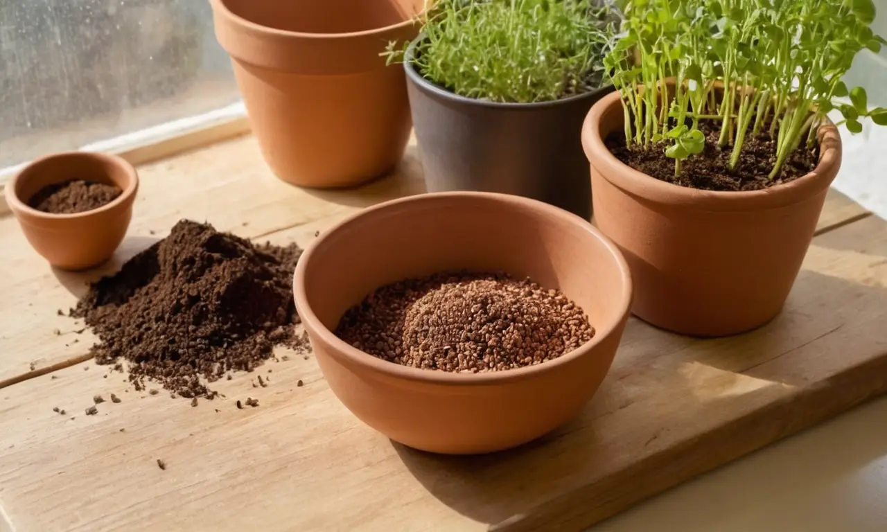 Mesa de cultivo con tierra, semillas y brotes