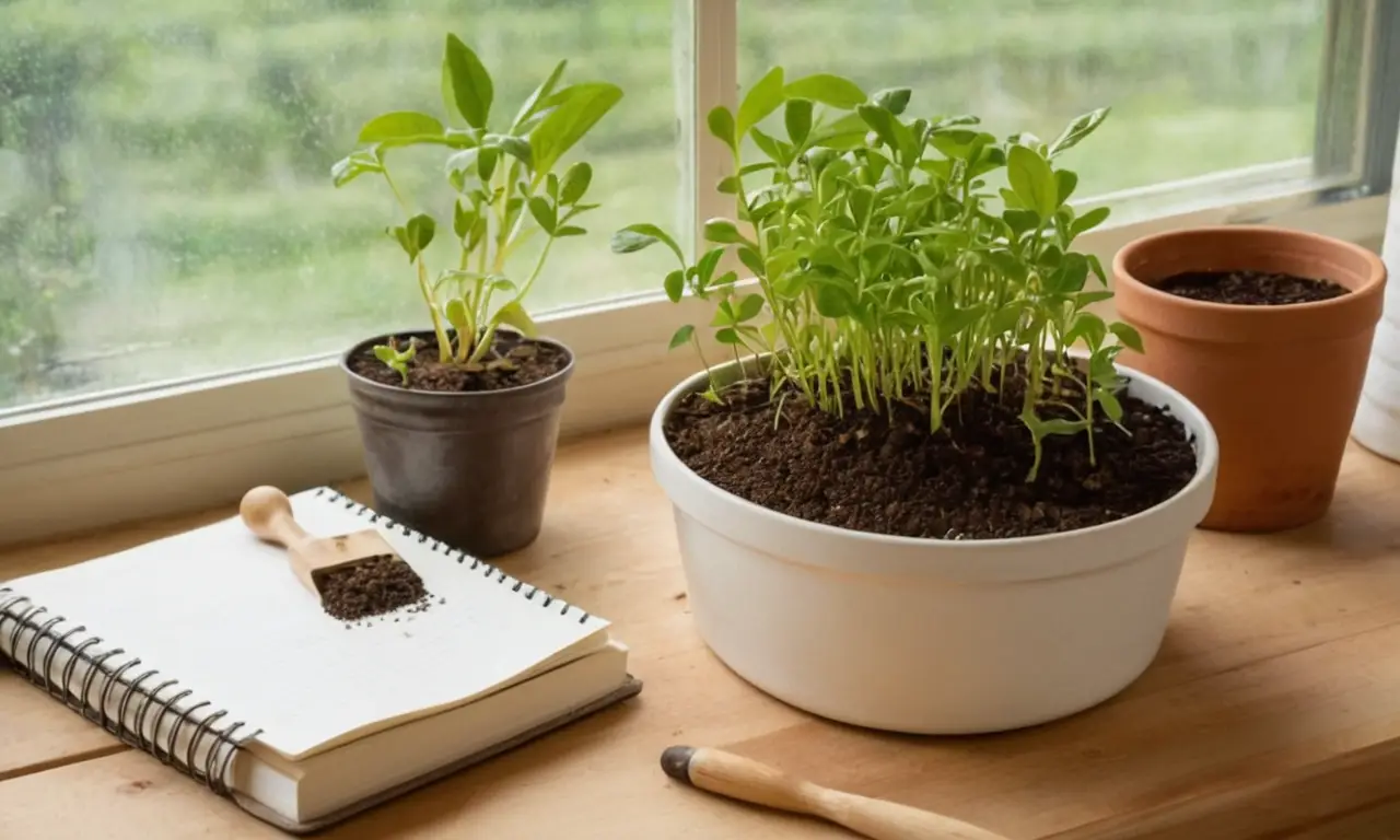 Mesa de jardinería con herramientas y semillas