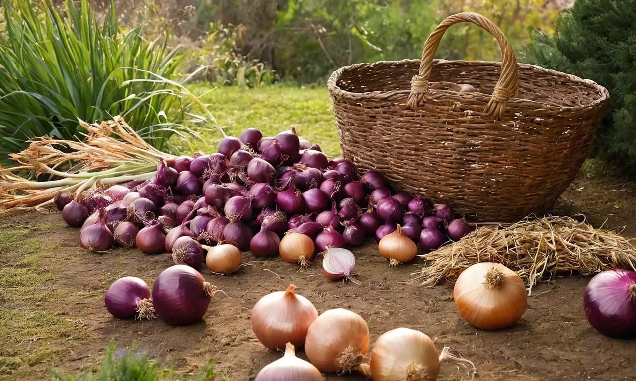 Cebollas frescas en un entorno rural