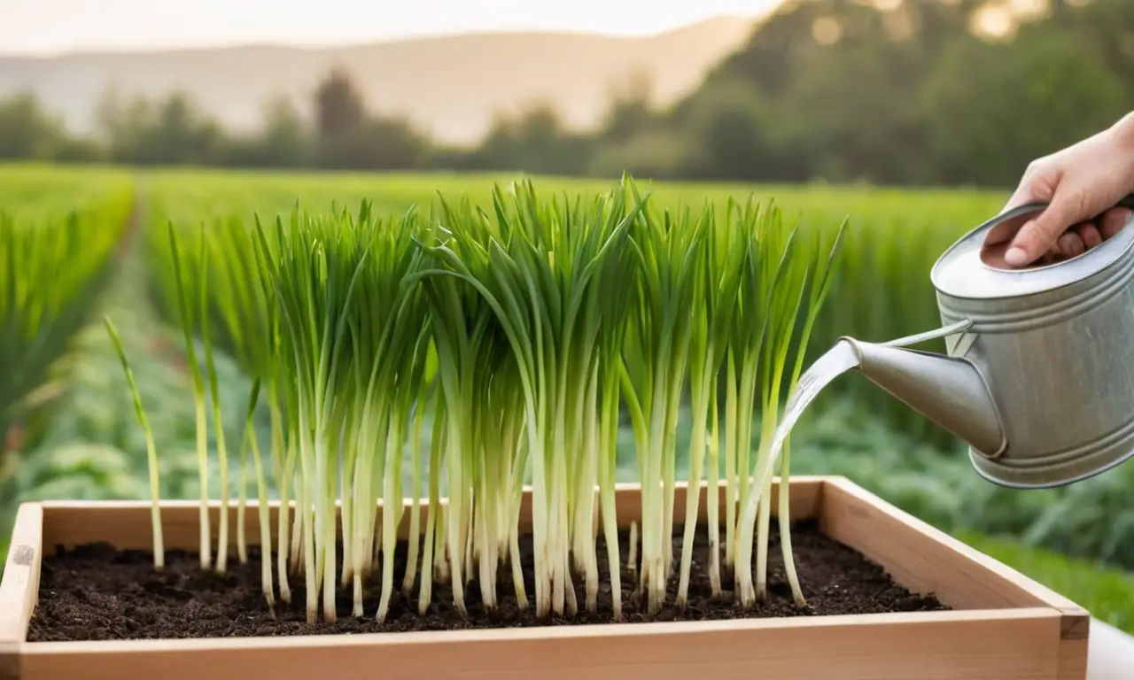 Escena de cultivo con cebollines y herramientas