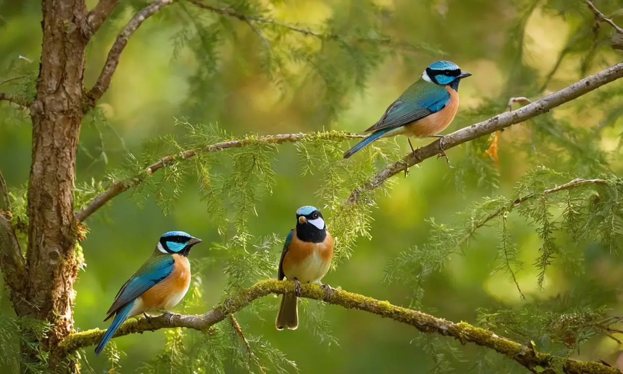 Bosque vibrante con aves coloridas y luz