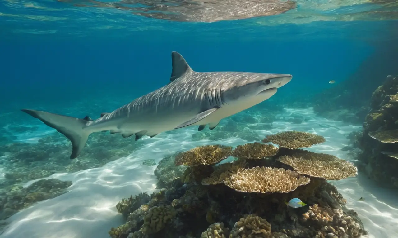 Tiburón elegante nada en aguas turquesas