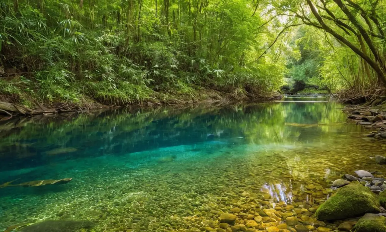 Escena serena de río con vida vibrante