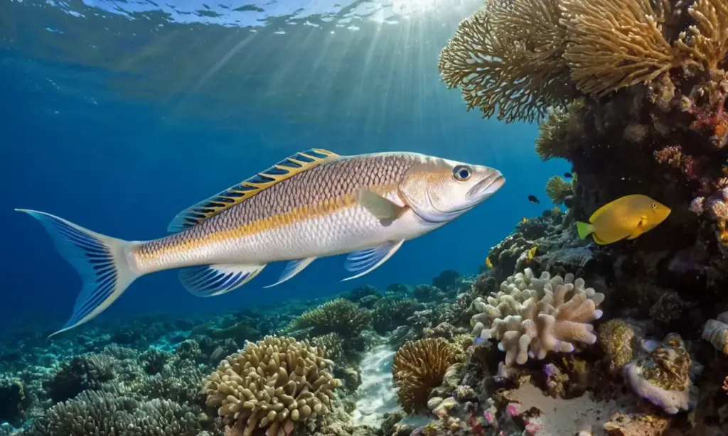 Peces grandes nadan en agua cristalina