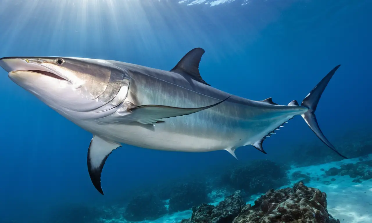 Un marlín azul nada majestuoso en el agua