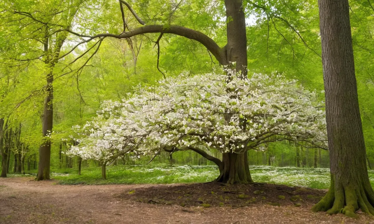 Escena de bosque denso con perales salvajes