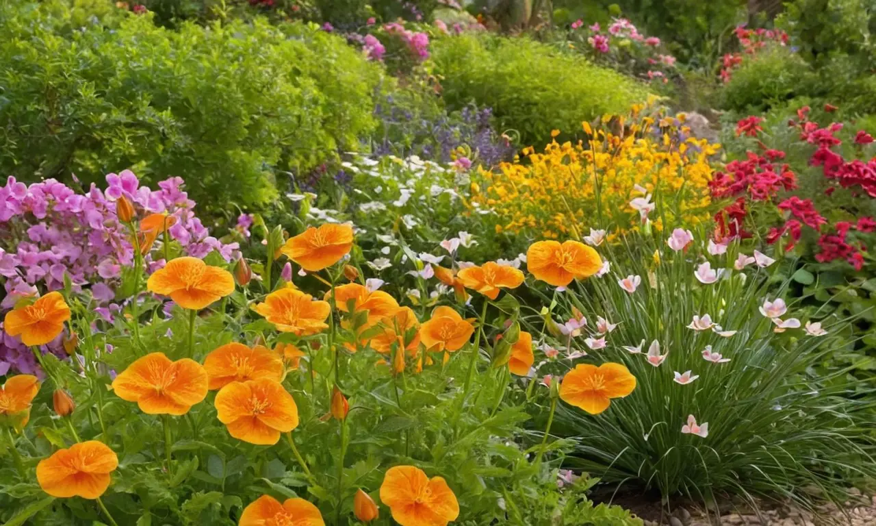 Jardín vibrante con flores delicadas y brilla