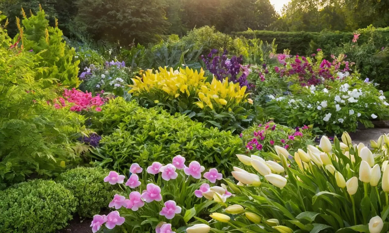 Jardín vibrante y tranquilo con flores brillantes