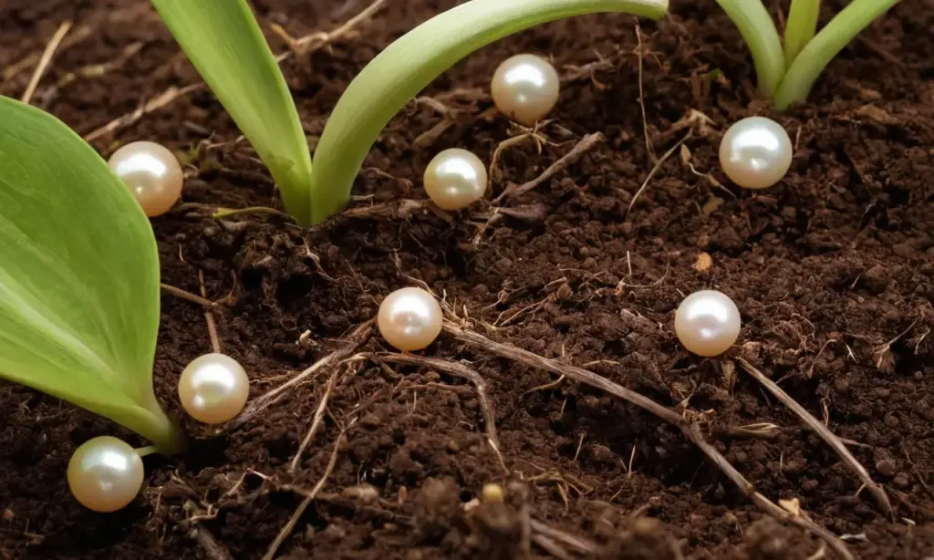 Perlas brillantes en suelo rico y natural