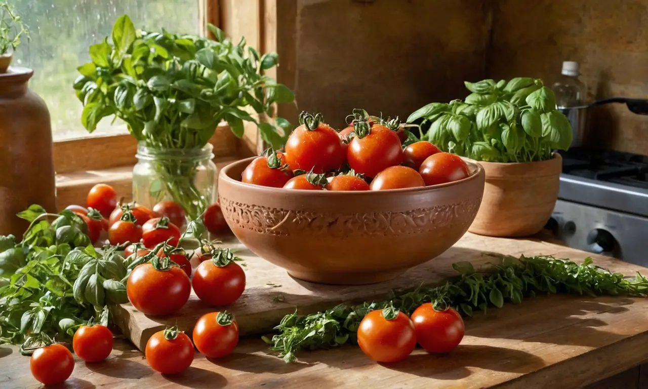 Cocina acogedora con tomates y albahaca
