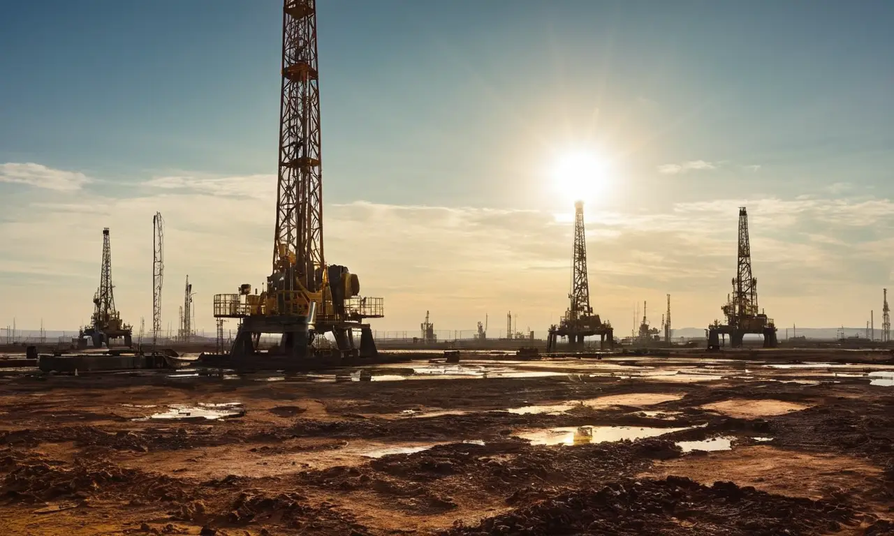 Campo petrolero detallado bajo un cielo despejado
