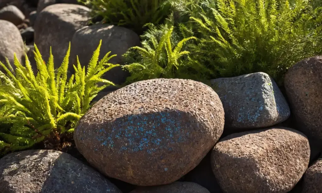 Piedras volcánicas contrastan con hojas verdes
