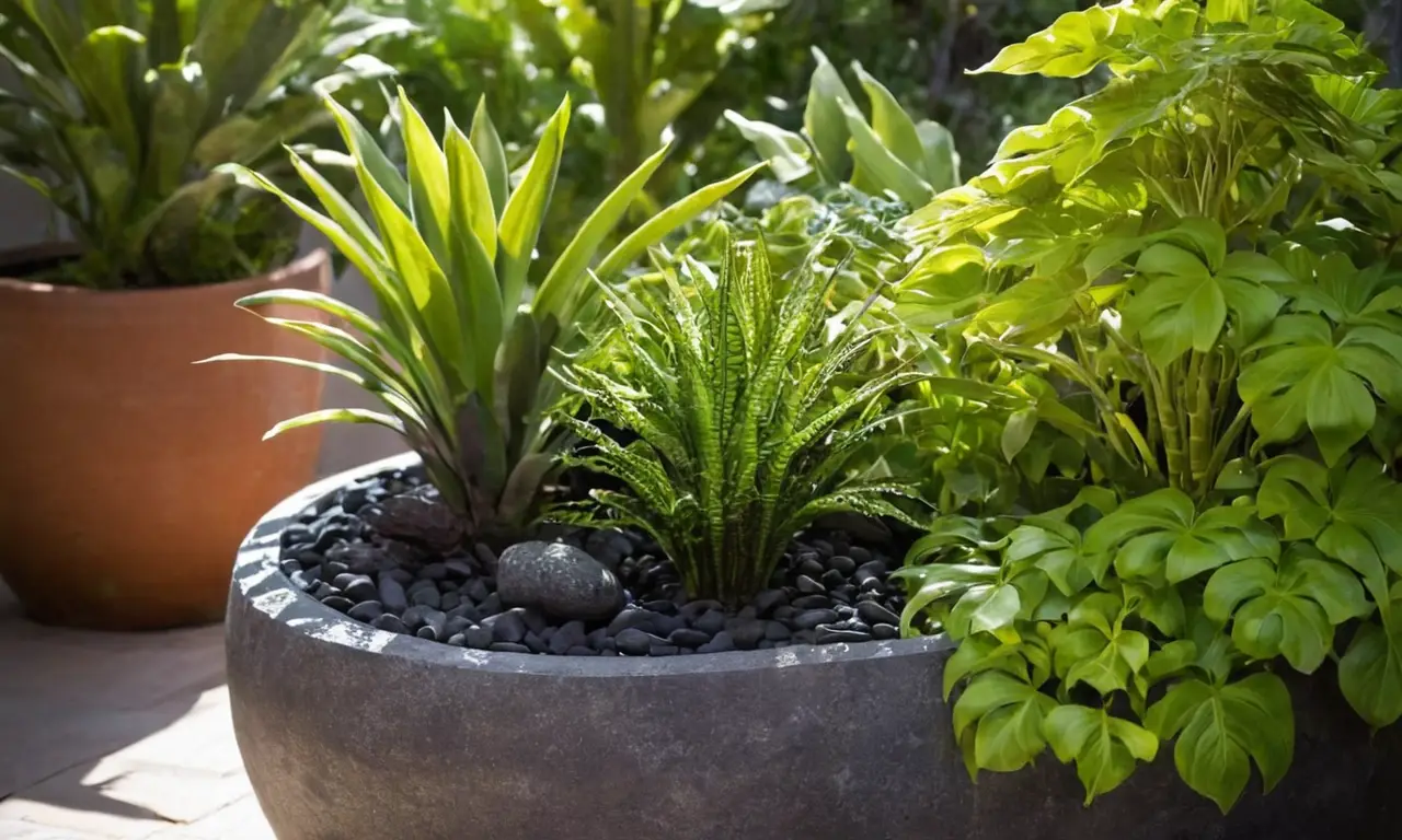 Piedras volcánicas y plantas en armonía