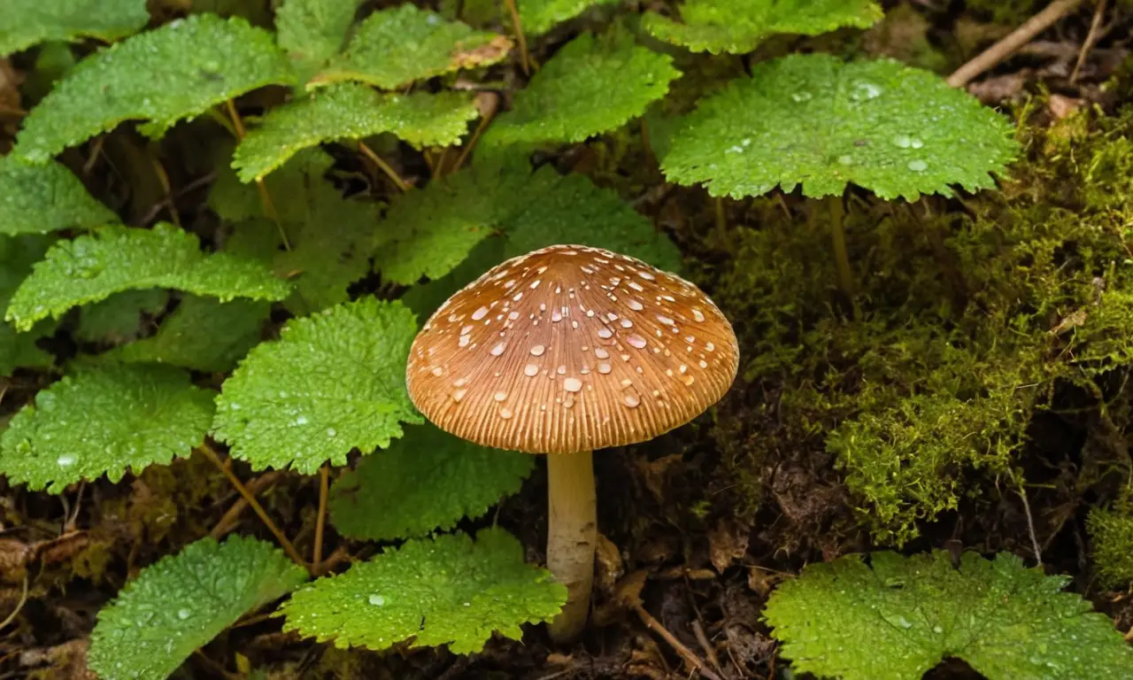 Bosque vibrante con hongos y ecosistema diverso