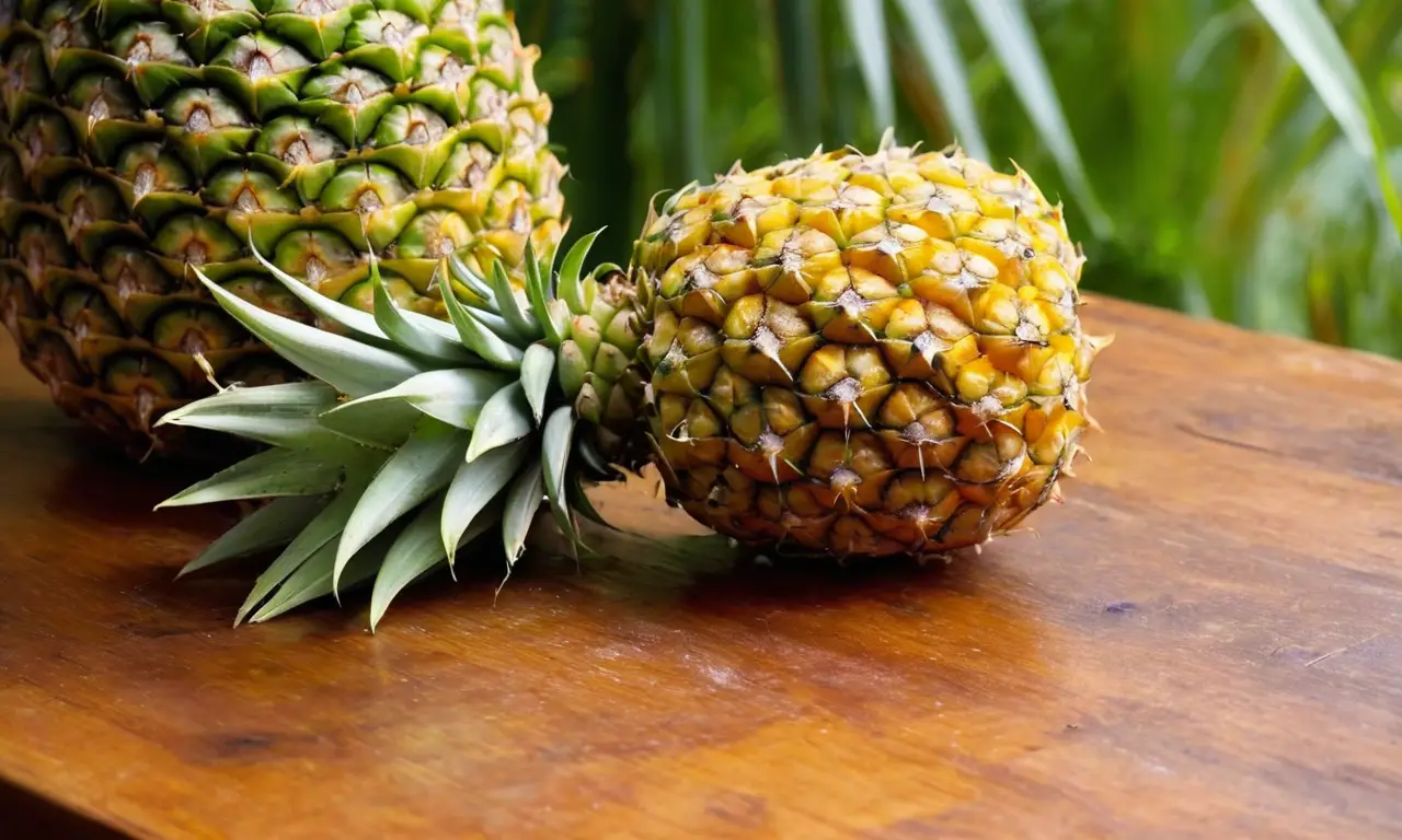 Piña madura sobre mesa de madera iluminada