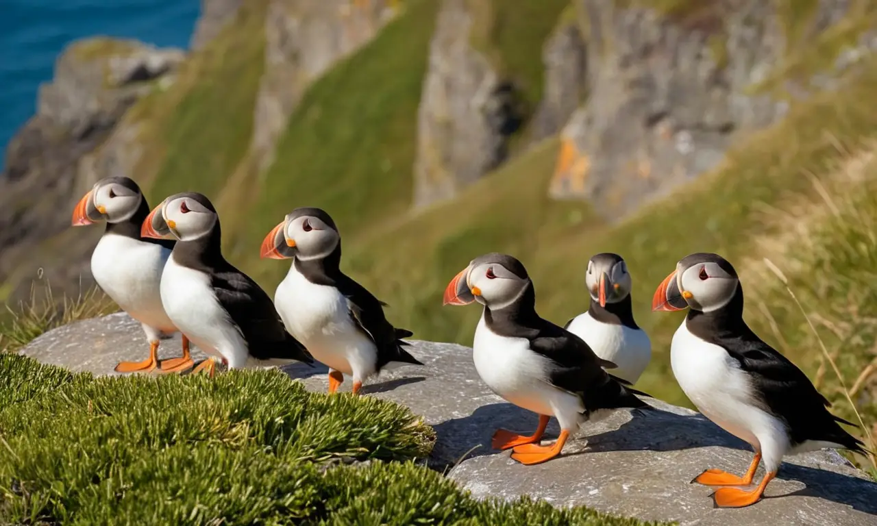 Pájaros coloridos en los acantilados costeros