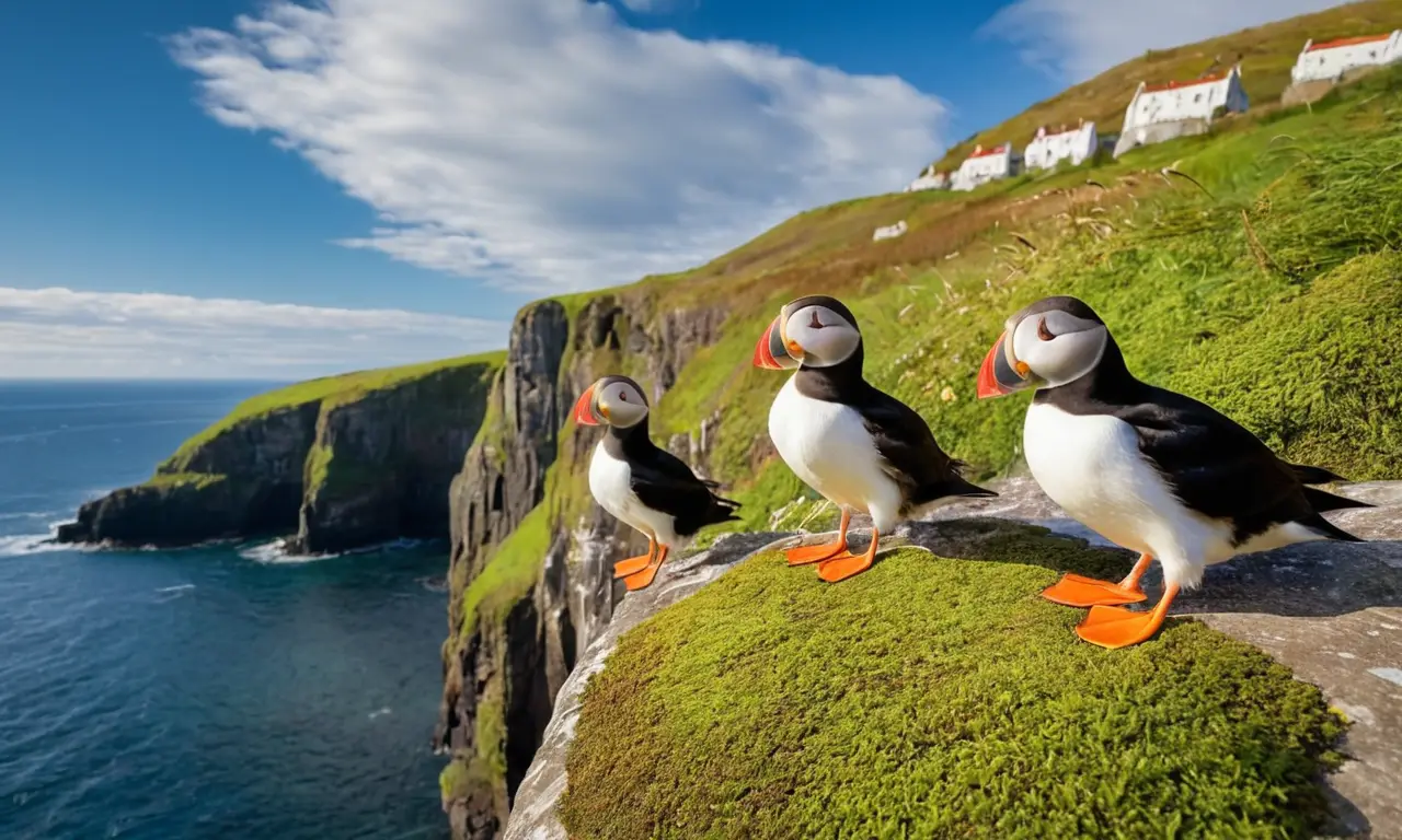 Puffins en acantilado junto al océano