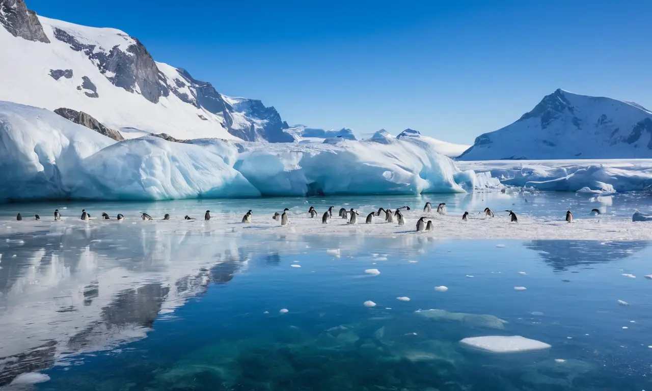 Paisaje helado con pingüinos en comunidad