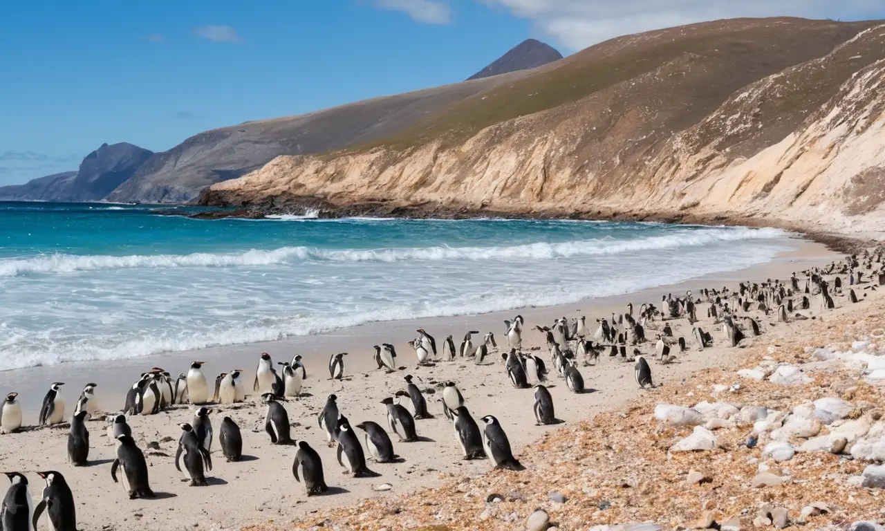 Pingüinos vibrantes en un paisaje marino sereno