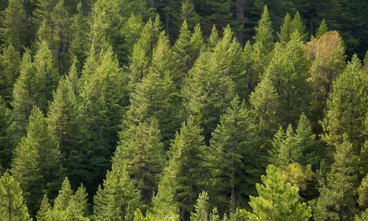 Bosque de pinos con luces y sombras