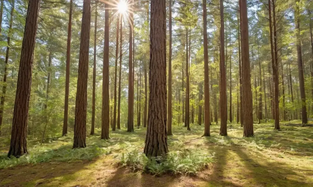 Bosque de altos pinos con luz filtrante
