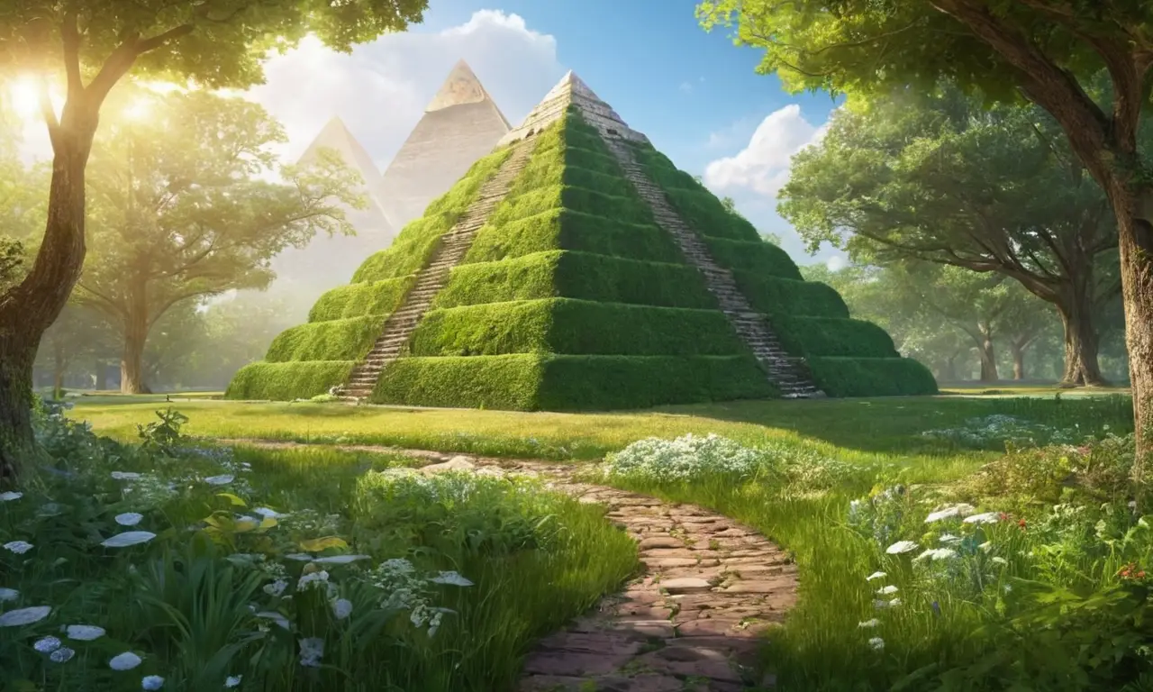 Paisaje verde con pirámide y detalles naturales