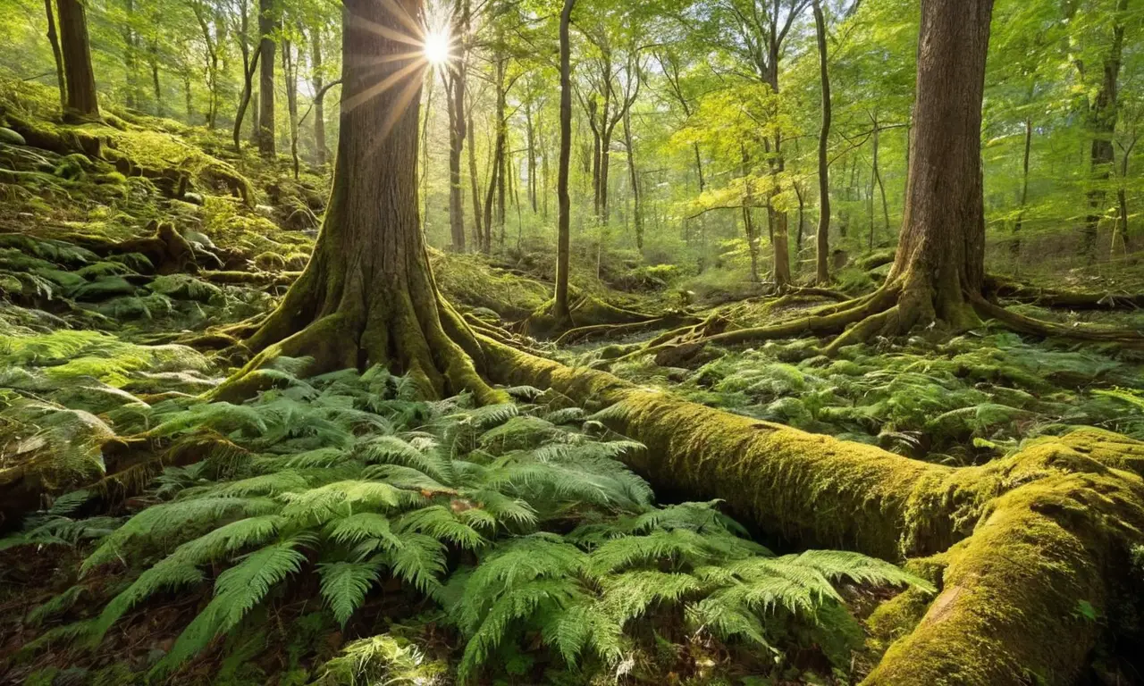 Bosque soleado con vegetación y vida diversa