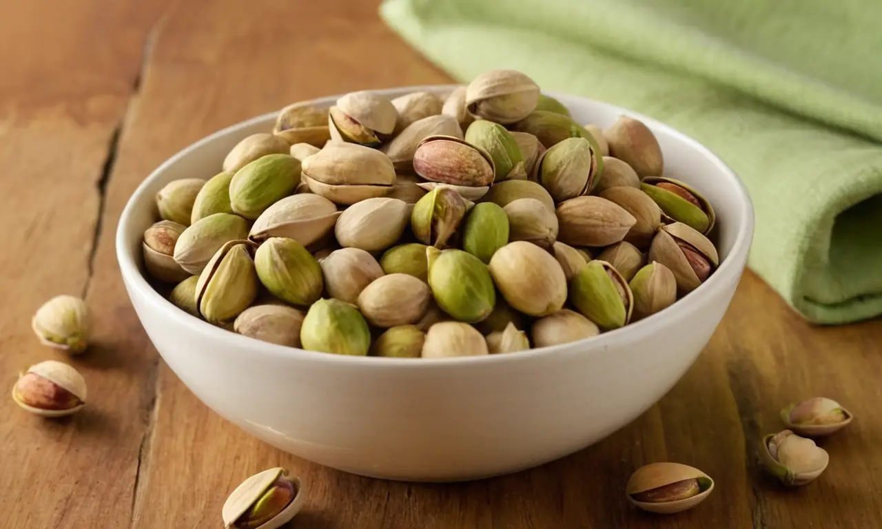 Mesa de madera con pistachos y naturaleza