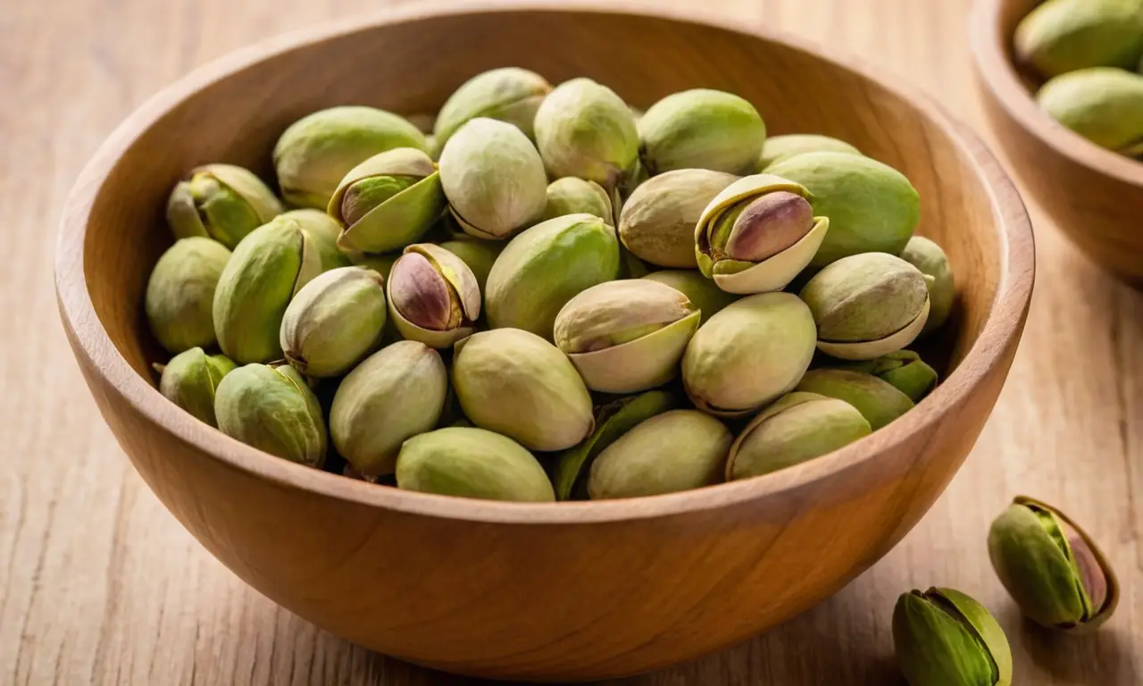 Pistachos vibrantes en un tazón de madera