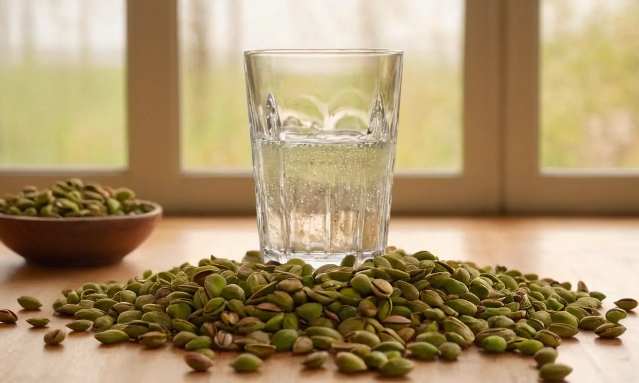 Mesa de madera con pistachos y agua
