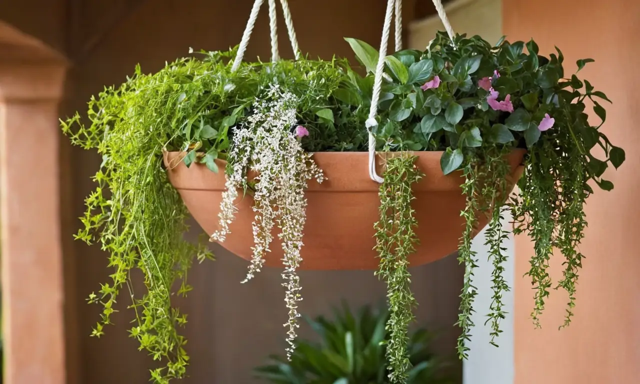 Jardín interior vibrante con plantas colgantes